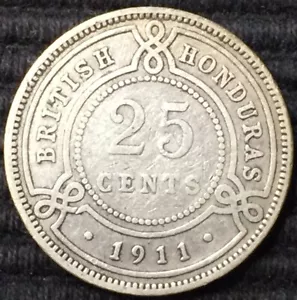 1911 British Honduras 25 cents,Silver 14,000 minted scarce, KM-17 - Picture 1 of 2