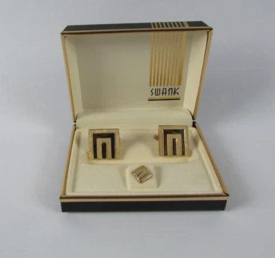 Винтажный Swank геометрический квадратный серебряный золотой тон запонки галстук цепочка комплект - Изображение 1 из 3