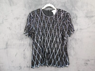 Blusa vintage Adrianna Papell para mujer XL con cuentas seda lentejuelas top noche negra Foto 1 de 4