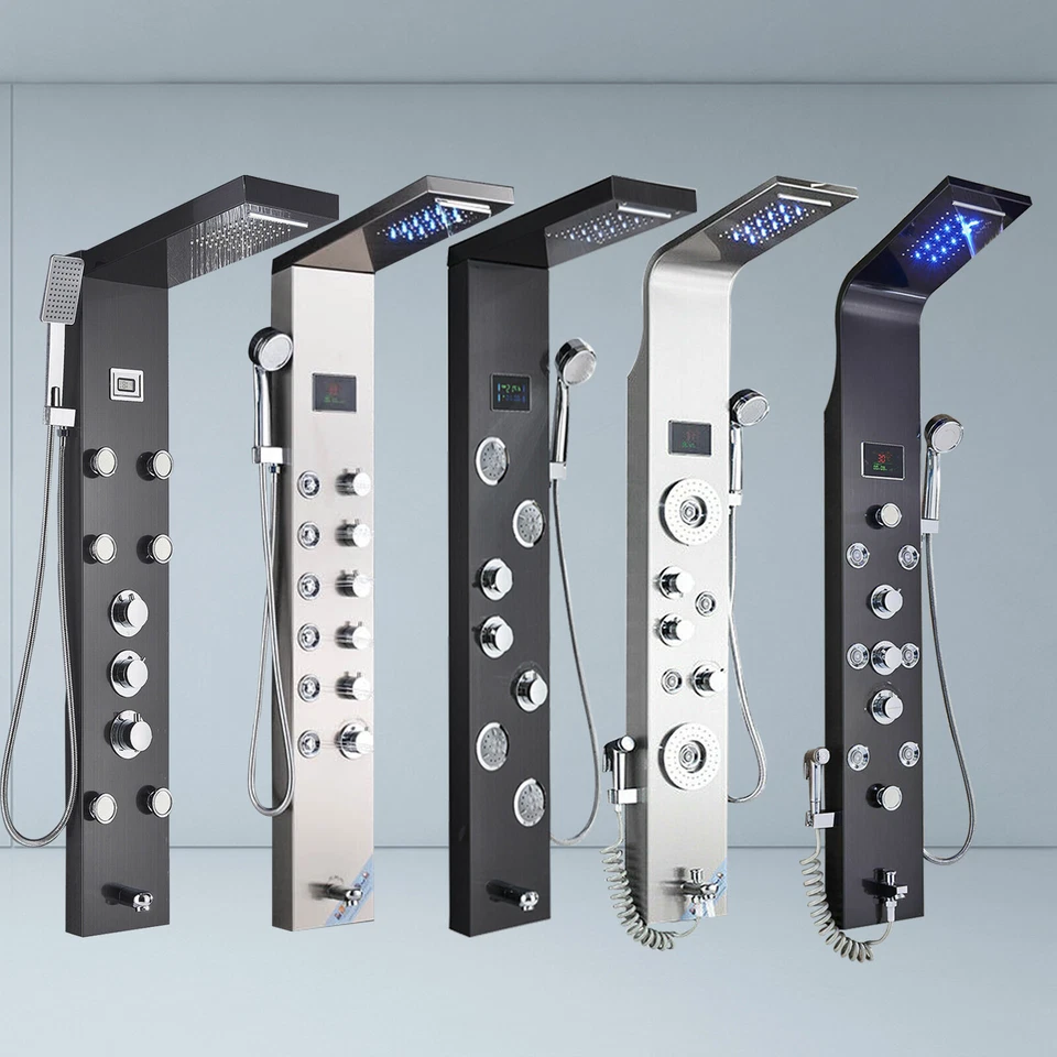 Panel de ducha de acero inoxidable torre grifo LED sistema de masaje de lluvia juego de chorros Foto 1 de 1