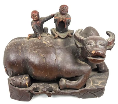 Large Chinese Hand Carved Rosewood Water Buffalo w Stand Antique - Image 1 of 4