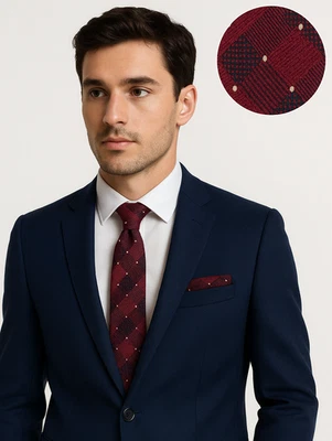 Merlot Cravatta da Uomo Bordeaux Rosso Quadri & Giallo a Pois Argento Regalo UK - Immagine 1 di 4