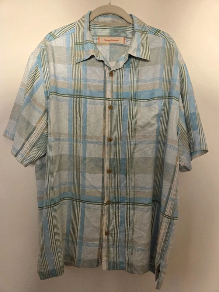 Camisa Tommy Bahama Para Hombre L Azul Verde A Cuadros 100% Seda Abotonada Manga Corta Foto 1 de 4