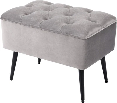 Tufted Rectangle Grey Ottoman – Velvet Foot Stool – Mid Century Modern Steel Leg - Image 1 of 4