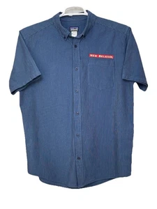 Patagonia NEW BELGIUM Beer Joy Ride Mens L Shirt Blue Short Sleeve Blue Striped - Picture 1 of 8