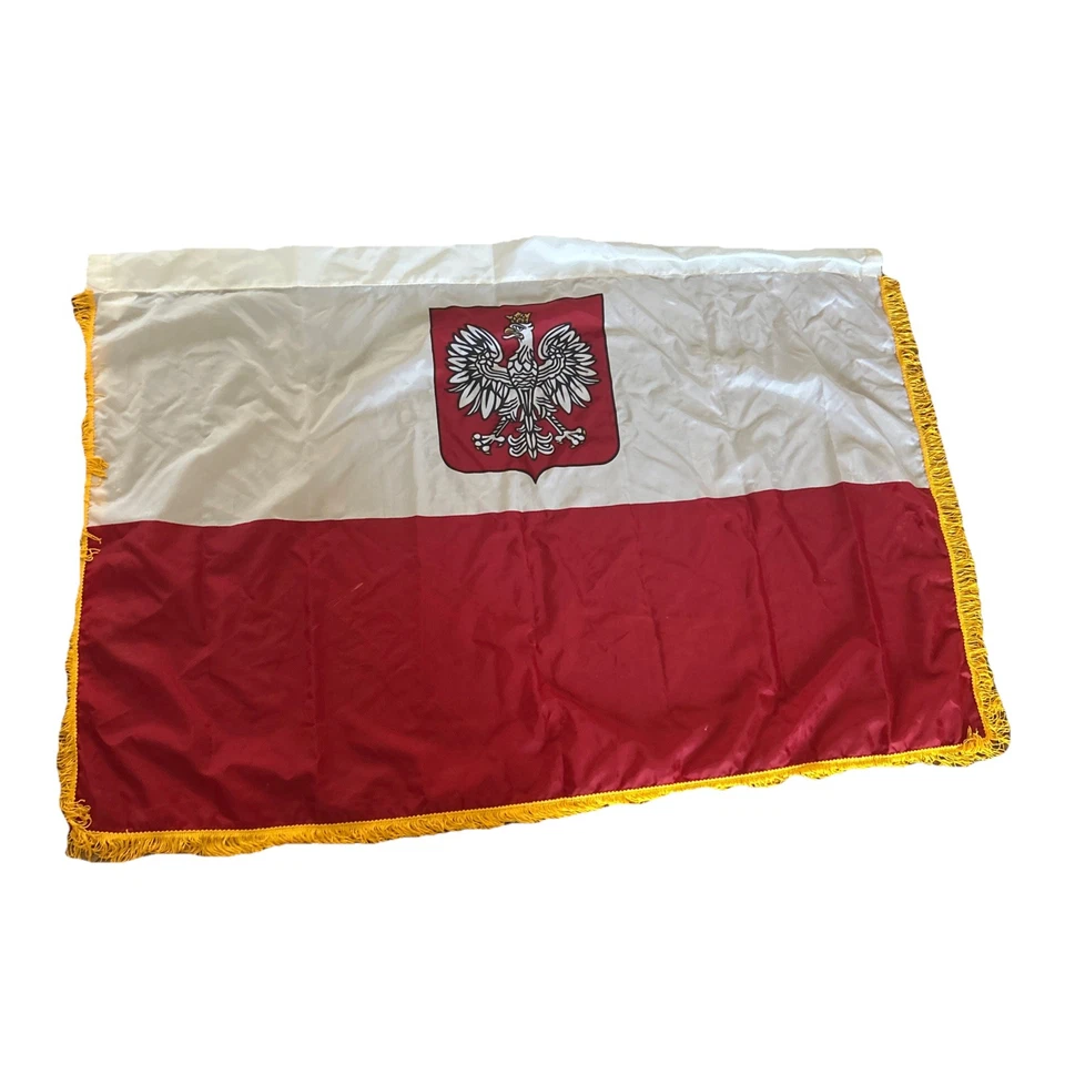 3x4’ Poland Ancestral Indoor Flag with Pole Hem and Gold Ornamental Fringe - Image 1 of 4