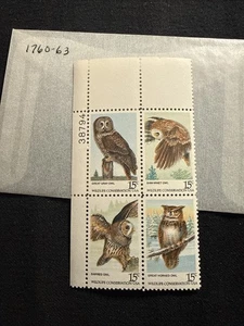 1978 Wildlife Owls Plate Block Of 4 15c Postage Stamps, Sc# 1760-1763, MNH, OG - Picture 1 of 2
