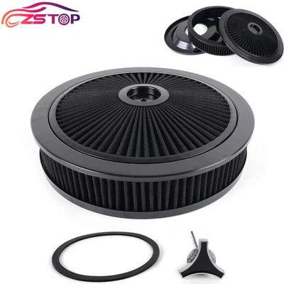 High Flow 14" X 3" Black Round Thru Washable Air Cleaner Chrome Lid For SBC BBC Foto 1 de 4