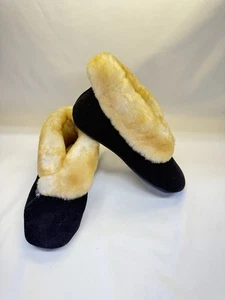 RJS Fuzzies Sheepskin / Cow Suede Women’s Fold Down Slipper Black / Tan Size 5 - Picture 1 of 9