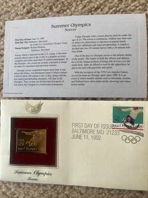 Vintage First Day of Issue 1992 Summer Olympics Soccer Stamp Postage - Image 1 of 4