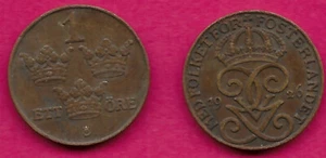 SWEDEN 1 ORE 1926 RULER GUSTAF V OF SWEDEN DIVIDES DATE,CROWNED DOIBLE MONOGRAM - Picture 1 of 1