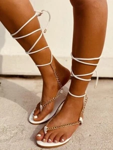 Roman Tie Up Flat Heel Sandals Vintage Crisscross Tied Metal Chain Slippers - Picture 1 of 11