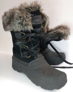 KHOMBU Women Snow/Rain Boots Rubber & Suede/Leather Black w/ Brown Faux Fur 8 M - Picture 1 of 11