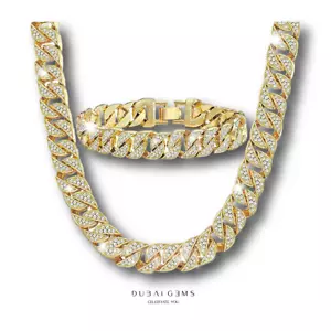 Gelbgold Oberfläche erstellt Diamant 12 mm klobig kubanisches Glied Herren Kettenset - Bild 1 von 3