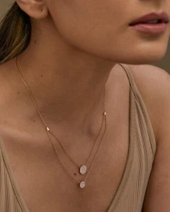 Layered Diamond Disc Necklace 14k Solid Gold Genuine Diamond Wedding Gift ForHer - Picture 1 of 12