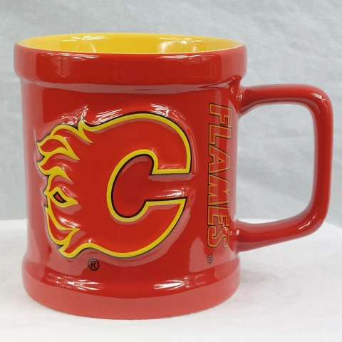 NHL Calgary Flames 3D Raised Flaming 'C' Logo Ceramic Red Coffee Tea Mug Cup Cover