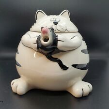  Pier 1 Chubby Cat Teapot Ceramic Black White Fat Cat And Mouse Tail Handle