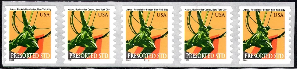 U S SCOTT 3520 ATLAS STATUE ROCKEFELLER CTR STRIP OF 5 PNC COIL PLATE B111  MNH - Image 1 of 1