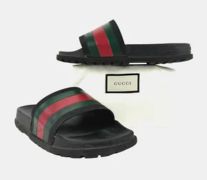 Gucci Auth Men 10.5 US 10 UK 44 EU Black Web Rubber Pool Slides Sandals Shoes - Picture 1 of 9