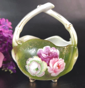Antique Small Porcelain Basket Hand Painted Flowers - Art Noveah Style - Japan - Picture 1 of 12