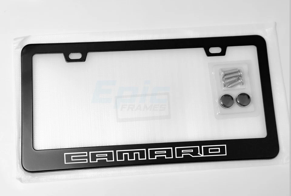 Marco de matrícula - Metal negro para Chevy Camaro con tornillos y tapas Foto 1 de 1