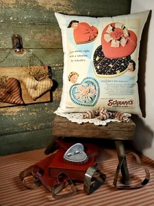 VINTAGE STYLE VALENTINE HEART SCHRAFFT'S CANDY PACKAGE BOX ADVERTISING PILLOW - Picture 1 of 4