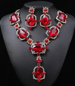 JEWELRY SET-Luxury Elegant Earrings Necklace 3-Piece Set, Red Rhinestone - Picture 1 of 4