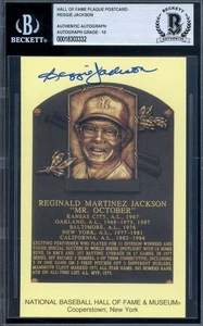 Reggie Jackson Gem Mint 10 Beckett BAS Signed Gold Hall of Fame Plaque Postcard  - Picture 1 of 2