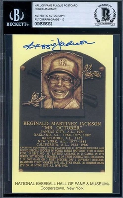 Reggie Jackson Gem Mint 10 Beckett BAS Signed Gold Hall of Fame Plaque Postcard  - Image 1 of 2