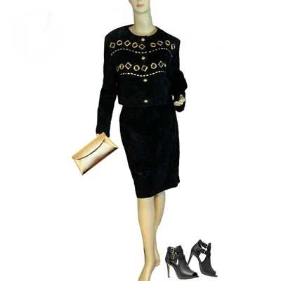 OUTER TOWN VINTAGE 1980'S BLACK SUEDE SKIRT SET W/GOLD ACCENTS SIZE 12 - Image 1 of 4