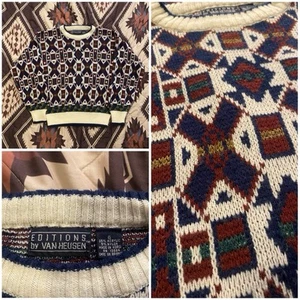 Suéter tejido vintage ediciones de Van Heusen abuelo geométrico para hombre talla pequeña - Imagen 1 de 8