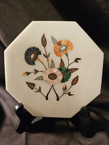 Piatto piano vintage 7" intarsiato marmo pietre semipreziose Pietra Dura arte floreale - Foto 1 di 4
