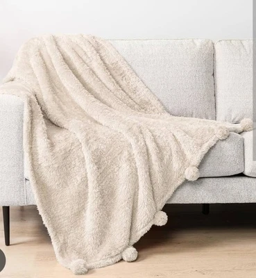 West Elm Sherpa Pom Pom Throw Blanket 50 x 60 Soft Sustainable Cottagecore White - Image 1 of 4