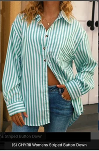 CHYRII Womens Stripe Button Down Shirt Casual Long Sleeve Blouse Top GREEN Small - Picture 1 of 9