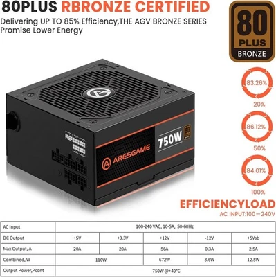New Aresgame AGV750 750W Power Supply 80 Plus Bronze Cert. Semi-Modular ATX PSU