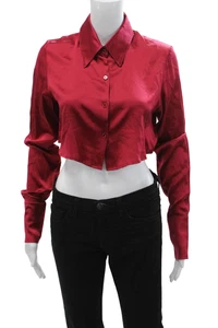 Adriana Iglesias Women Red Cropped Collared Button Up Silk Blouse Size M - Picture 1 of 7