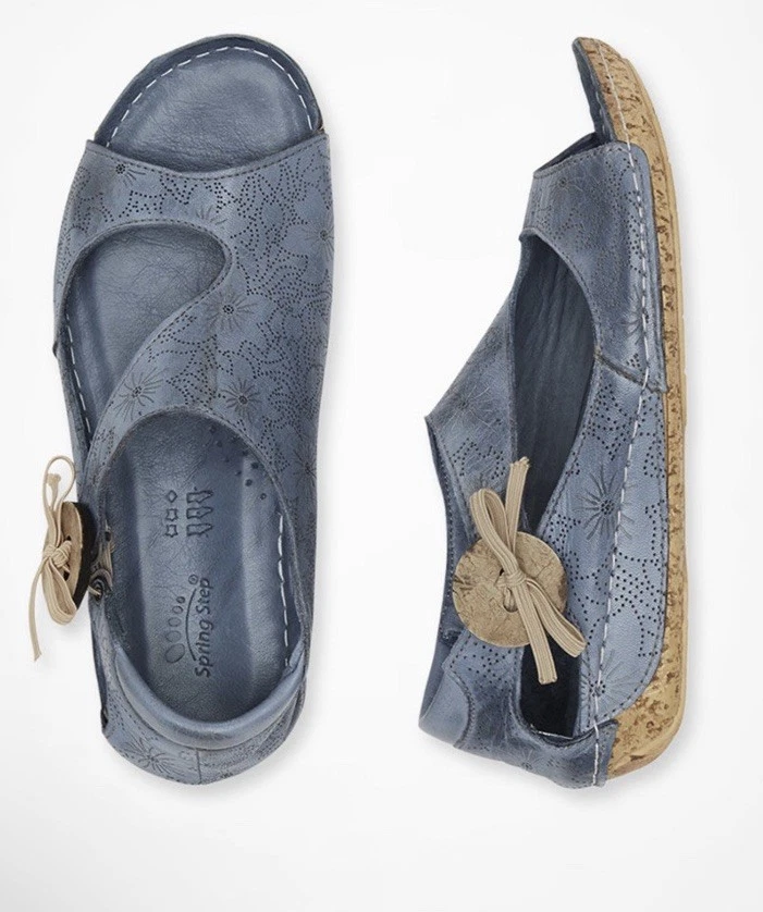 Spring Step Lorelle 40 = 9 Blue Leather Sandals Etched Floral Button Strap Shoes - Image 1 of 4