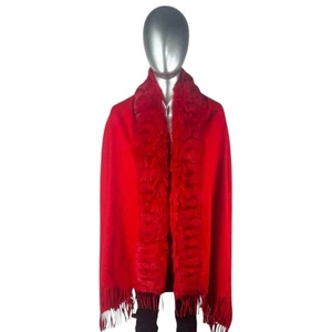 Red Fleece Shawl w/Red Dyed Rabbit Trim, 80” L, Certified Vintage Fur - Picture 1 of 8