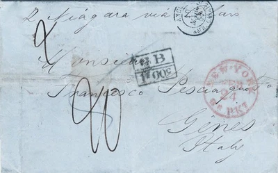 MTM357 1857 RARE 3 MONTHS PERIOD DOUBLE-RATE TRANSATLANTIC LETTER USA - SARDINIA - Image 1 of 2