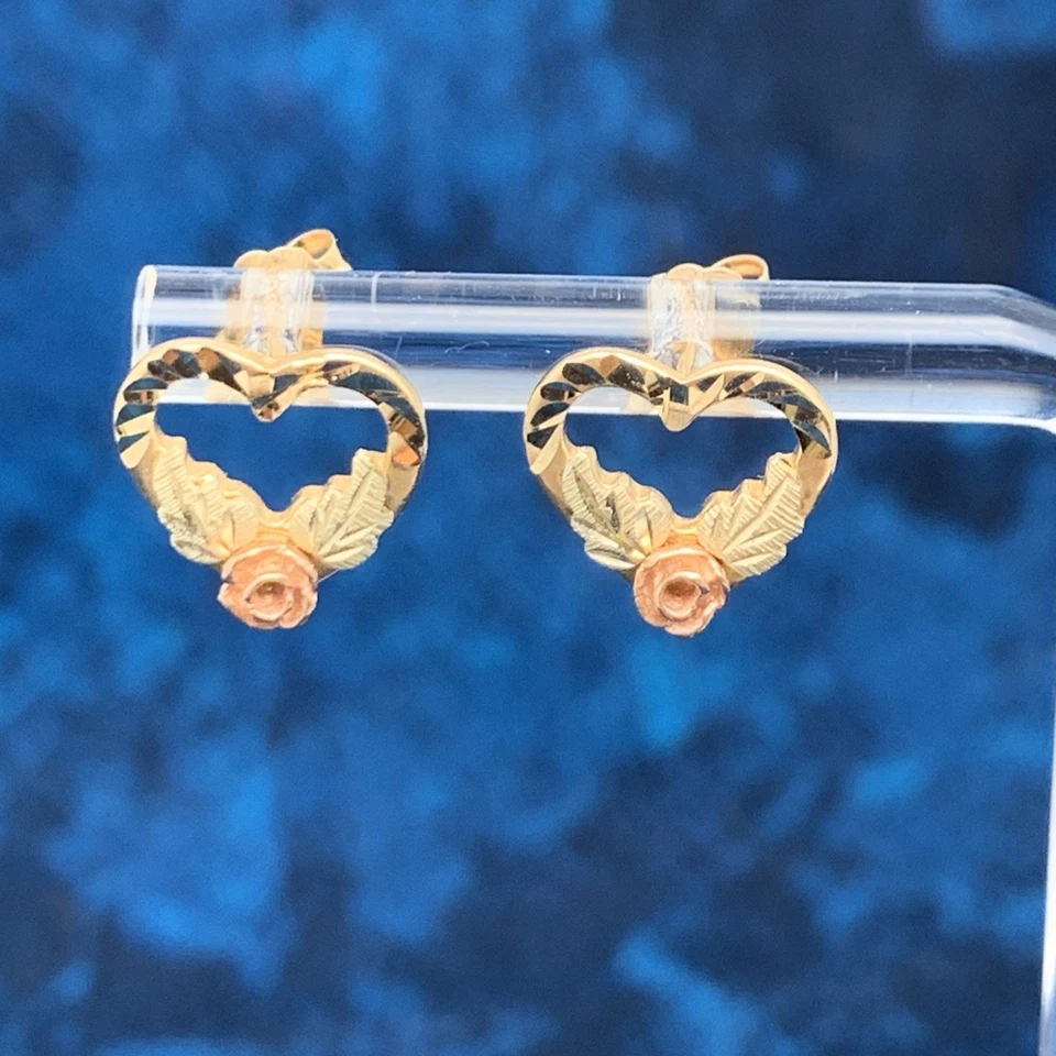 10kt Gold Earrings Black Hills Gold w 14kt Backs Heart Shaped Etched Rose Leaves - Image 1 of 4