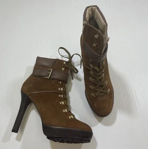 Michael Kors braun Leder Schnallendetail hoher Absatz Schnürschuh Stiefel 10 - Bild 1 von 9