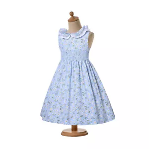 Girls Floral Smocked Dresses Size 4 5 6 7 8 9 10 11 12 13 14 Ruffle Collar Dress - Picture 1 of 12