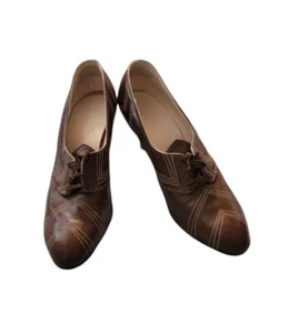Antique 20's Vtg Women’s Size 5 8.25" Brown Leather Lace Oxford Heels Wearable  - Picture 1 of 7