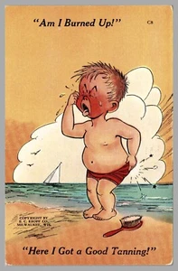 Boy On Beach "Am I Burned Up! Here I Got A Good Tanning!" Comic c1940 Postcard - Picture 1 of 2