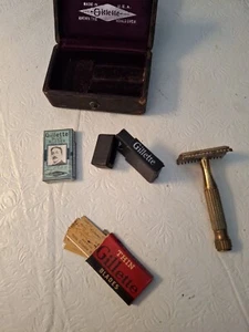 Vintage Segal Messing doppelseitiger Rasierer mit Klingen & Lederbox mit Stoffscharnier - Bild 1 von 21