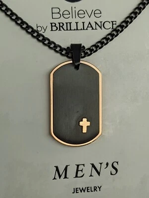 Colar cruzado masculino Believe by Brilliance aço inoxidável dog tag ouro rosa - Imagem 1 de 4