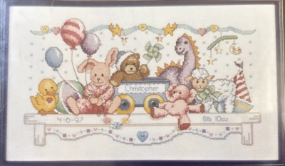 Vtg Rare Dimensions Charts & Charms CHEERFUL BIRTH RECORD Cross St 1996 Pattern - Image 1 of 2