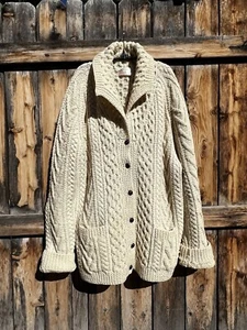 Vintage Hand Knit Blarney Handcrafts Ltd Irish Wool Cable Cardigan Sweater Cream - Picture 1 of 9