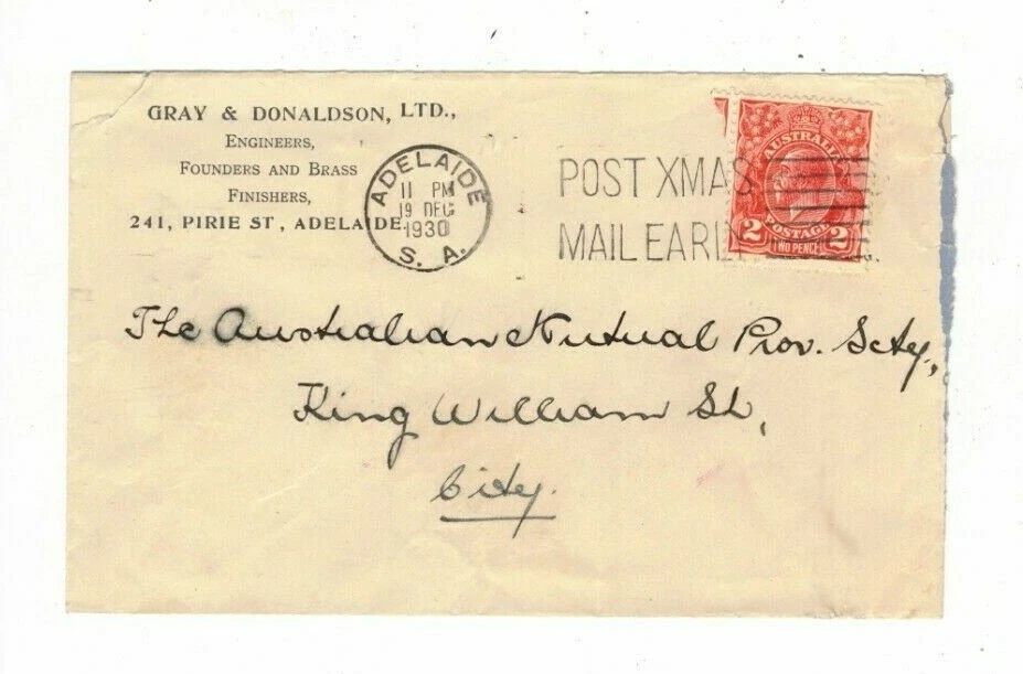 Australia 1930 GRAY & DONALDSON Cover, SLOGAN CANCEL " POST XMAS MAIL EARLY" - Image 1 of 1