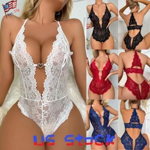 Womens Lace Lingerie Babydoll Crotchless Leotard Sleepwear Nightwear Bodysuit - Bild 1 von 20